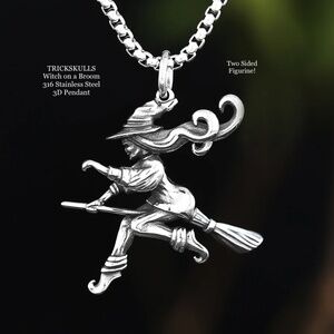 Witch on a Broom Wiccan 316 Stainless Steel 3D Two Sided + 60 cm Round Box Chain
